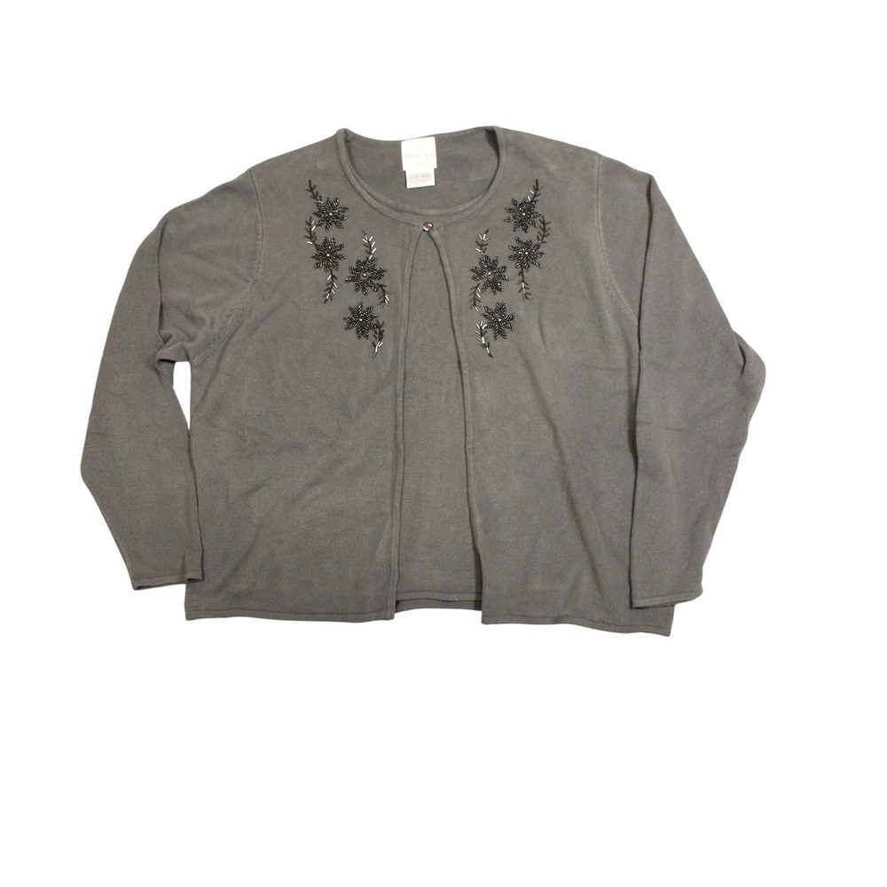TR Bentley Gray Beaded Floral Cardigan Sweater Set Womens XL Acrylic Twinset